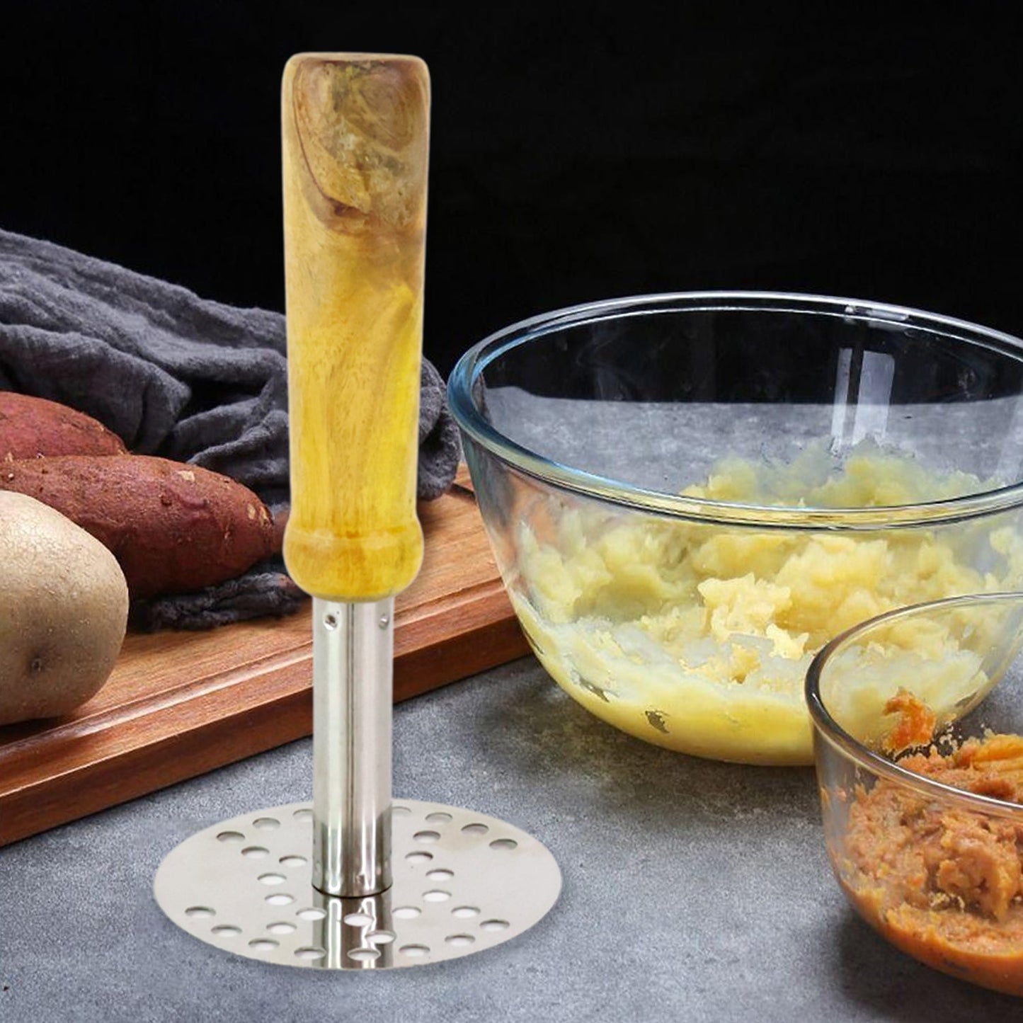 Stainless Steel Potato Masher, Pav Bhaji Masher with wooden handle